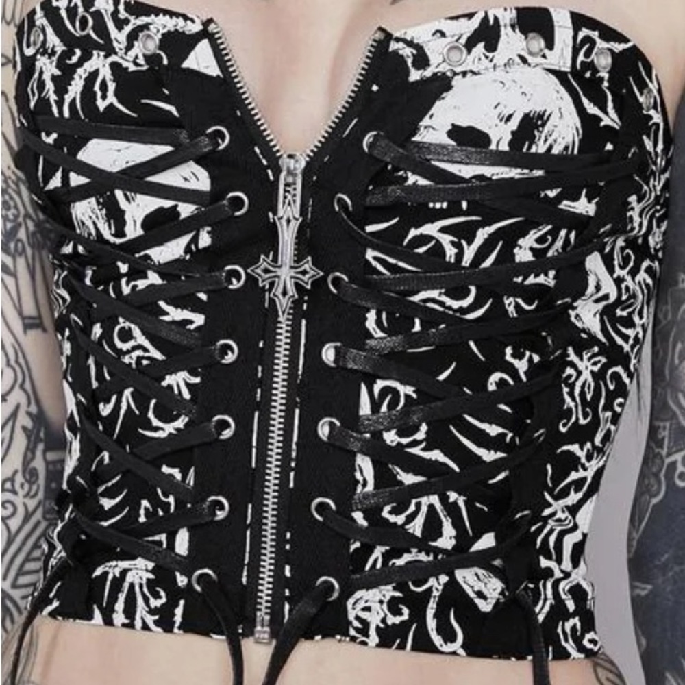 Black and White Lace-Up Corset Top